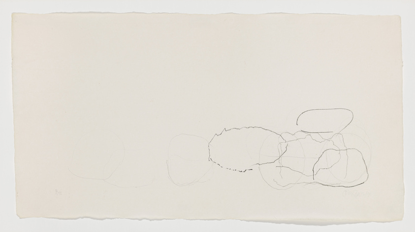 A minimalist drawing on off-white paper featuring a series of interconnected, irregularly shaped loops and lines in pencil, with some areas more densely scribbled than others. The artist's signature and the year are visible in the lower right corner. The paper has rough edges, suggesting it may be hand-torn or cut from a larger sheet.