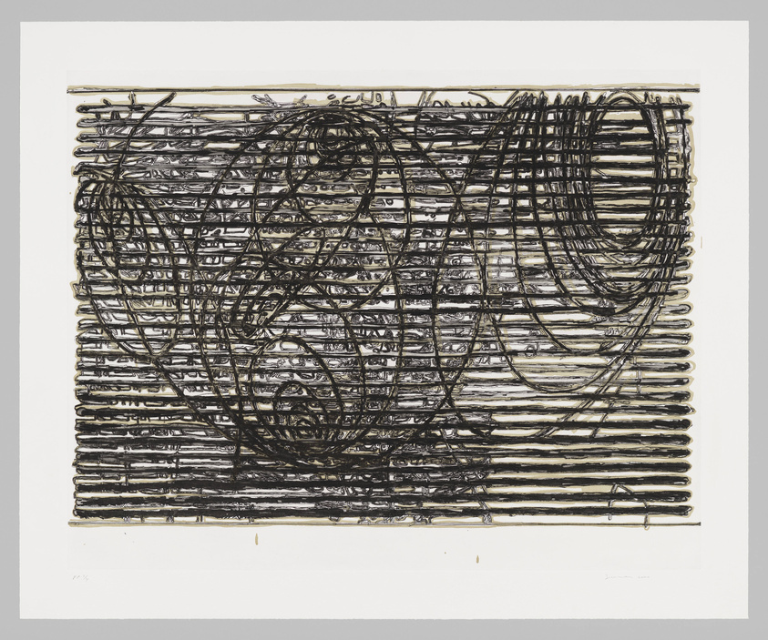 A piece of abstract art consisting of chaotic black and gold lines on a white background, creating a dense and tangled texture. The lines are thick and appear to be layered, giving the artwork a sense of depth and movement.