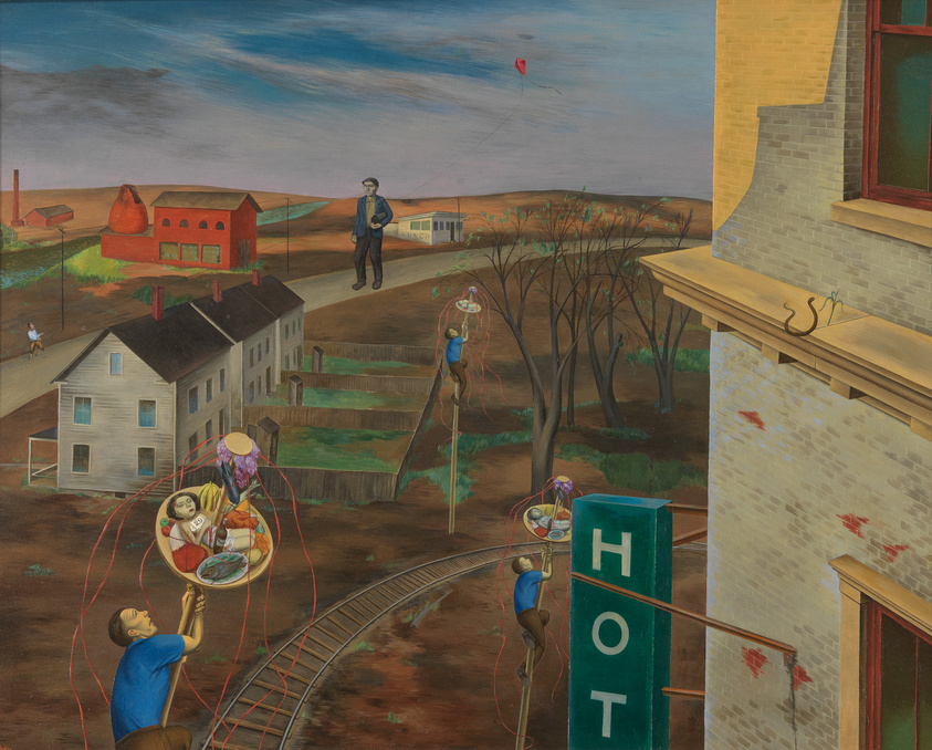 A painting depicting a surreal scene in a small town with multiple perspectives. In the foreground, a man on a ladder paints a brick building, while another man stands on the roof looking out. A woman and a child sit at a table on a circular platform, hoisted by a pulley system operated by a man below. In the background, a train track runs through the town, and a man flies a red kite. The scene is filled with autumnal trees and a large "HOT" sign stands prominently on the right.