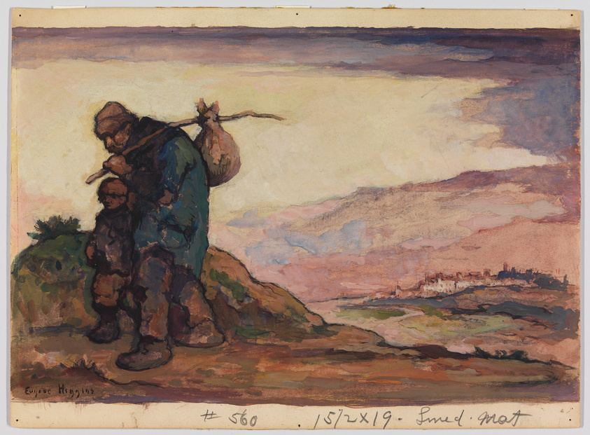 A painting depicting two figures walking through a rugged landscape with a small town in the distance. The foreground shows a larger figure wearing a coat and hat, carrying a bundle on a stick over their shoulder, and leading a smaller figure by the hand. The background features a pastel sky with soft clouds above the distant town. The artist's signature, "Eugene Higgins," is visible in the lower left corner, along with some numerical notations.