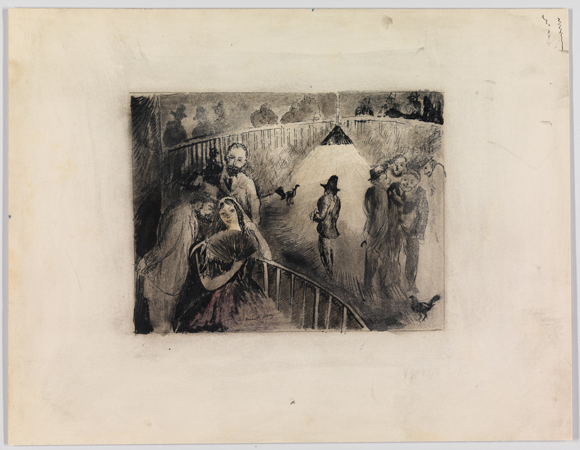 A vintage etching or drawing depicting a lively outdoor scene with multiple figures. In the foreground, a man and a woman appear to be in conversation, with the woman's gaze directed towards the viewer. Behind them, a bridge spans across the image with several other figures strolling along it, including a couple and individuals in period attire. The background features a park-like setting with trees and silhouettes of more people. The artwork has a sketch-like quality with strong contrasts and is surrounded by a wide, blank border, suggesting it may be a print or a page from a book.