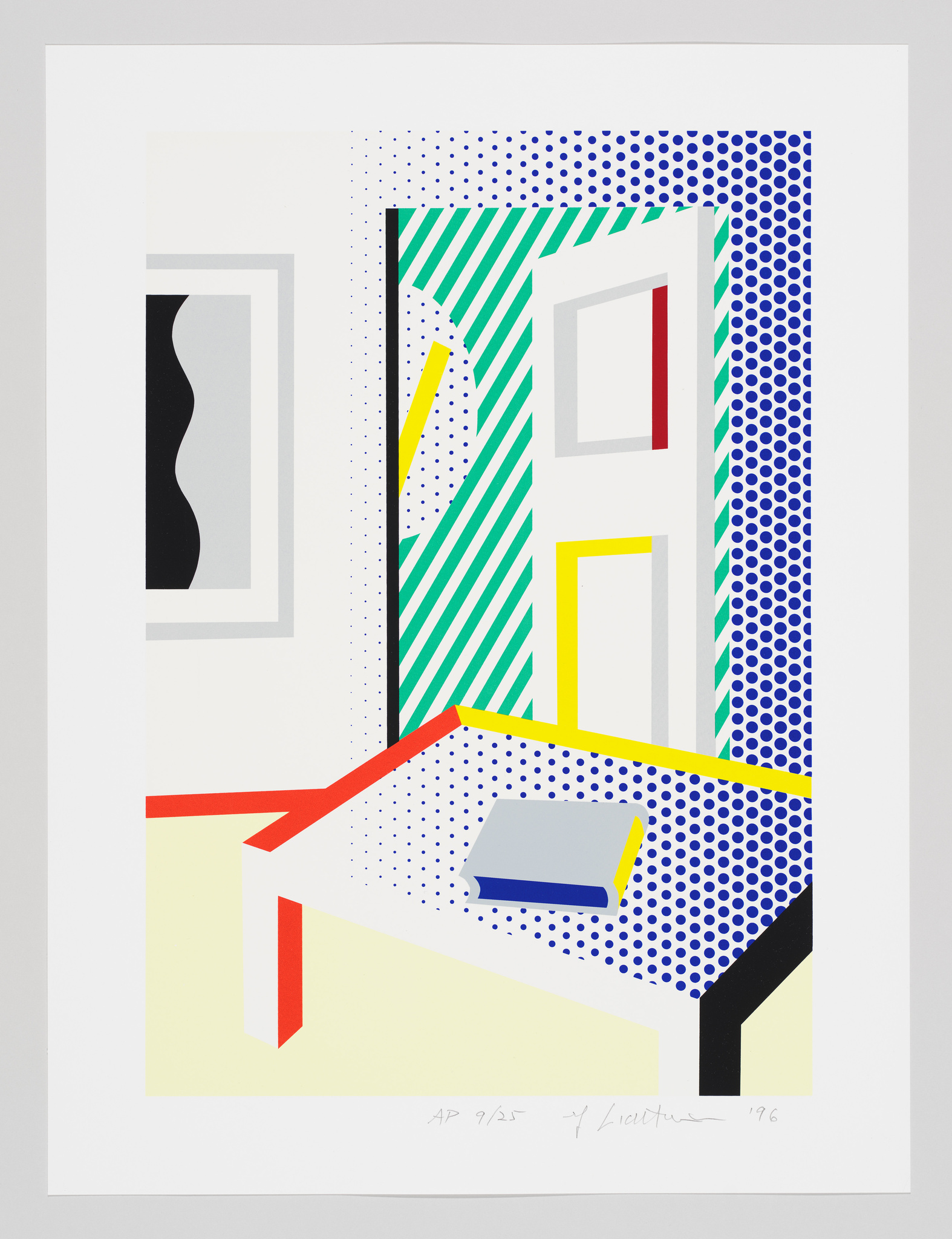 A colorful abstract print featuring geometric shapes and patterns. The composition includes a depiction of a room with a stylized door, a window, and a book on a table, all surrounded by a dotted pattern. The artwork uses primary colors with black outlines and is signed and dated at the bottom.