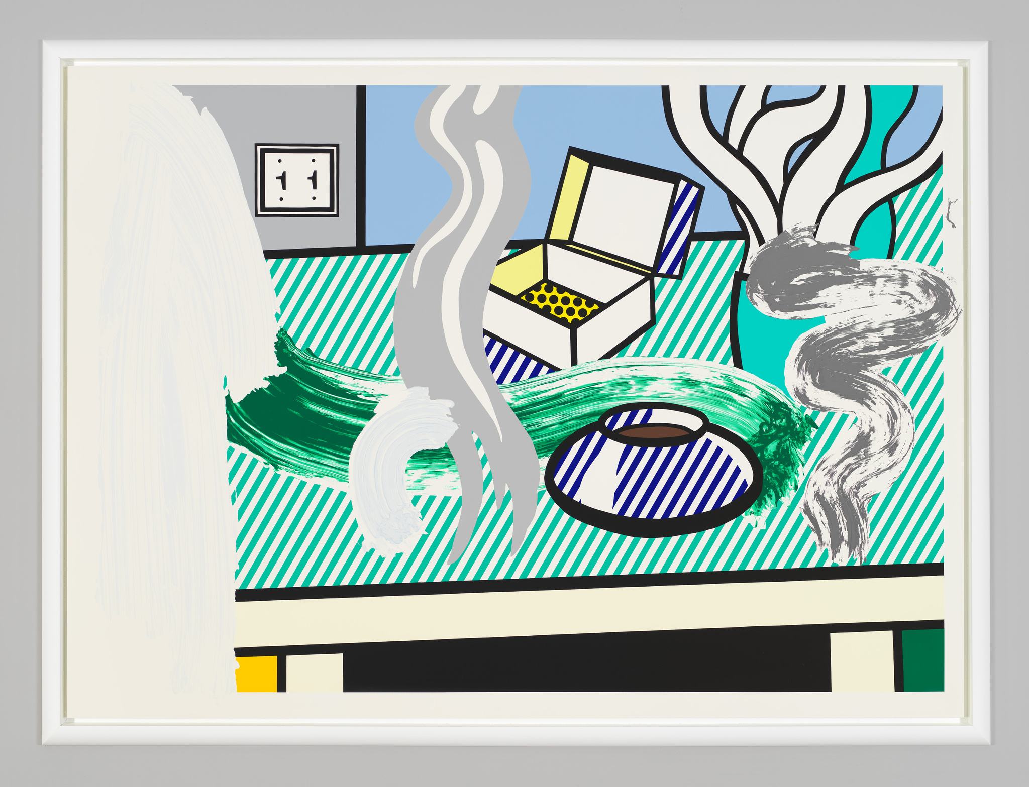 A framed abstract artwork featuring a mix of geometric and organic shapes with a bold color palette that includes green, blue, yellow, and black. The composition includes a clock, a stylized tree, and swirling patterns that suggest movement.