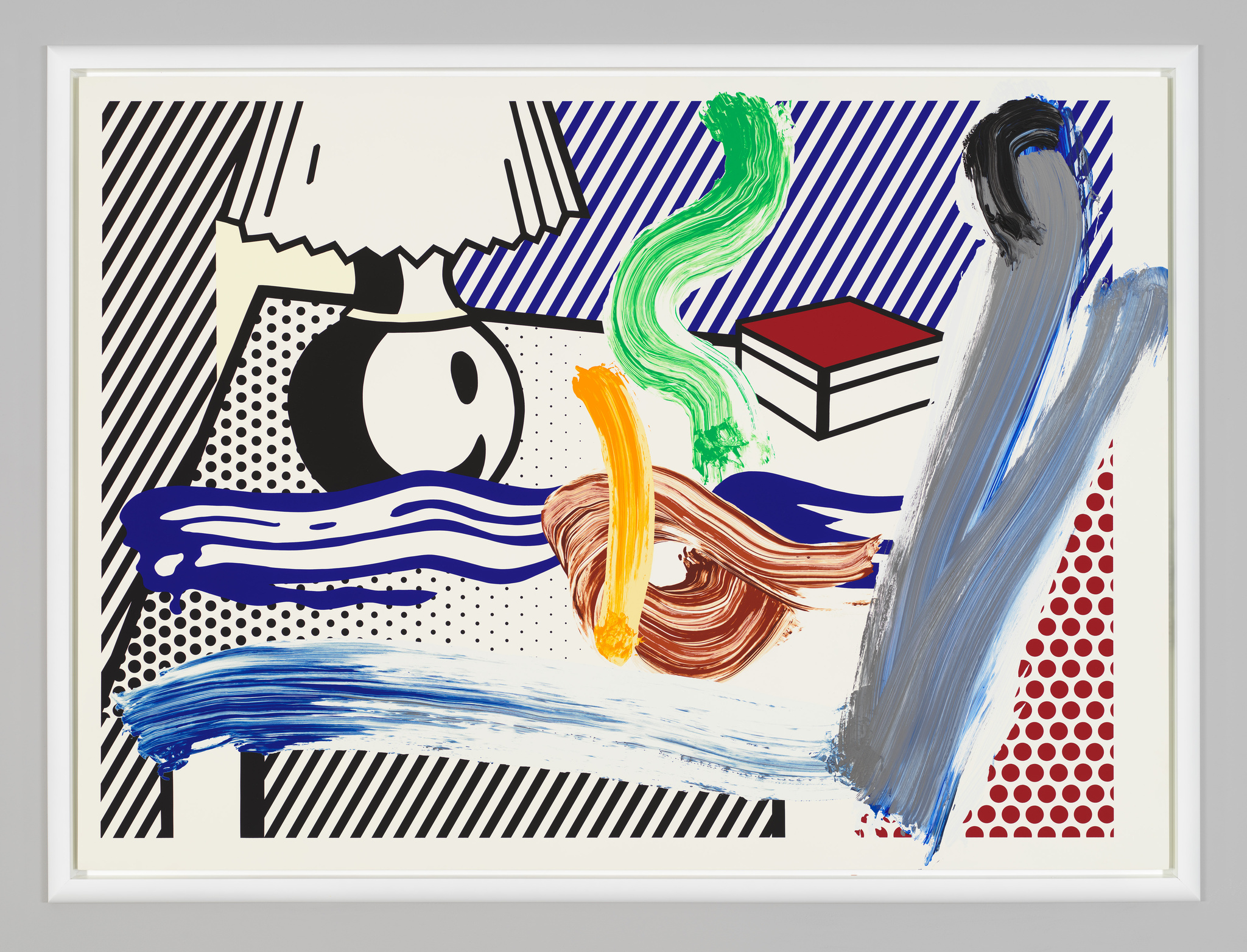 A framed abstract artwork featuring bold brushstrokes in blue, green, and brown, with graphic elements such as a large eye, striped patterns, and polka dots. A red and black geometric shape resembling a book adds a pop of contrasting color.