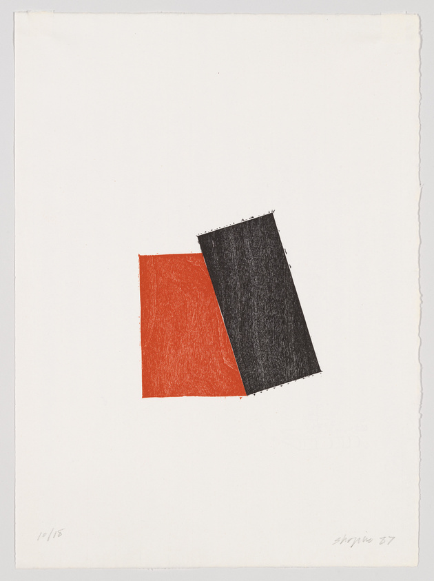 A minimalist artwork featuring two overlapped squares, one red and one black, against a white background. The piece is numbered and signed at the bottom.