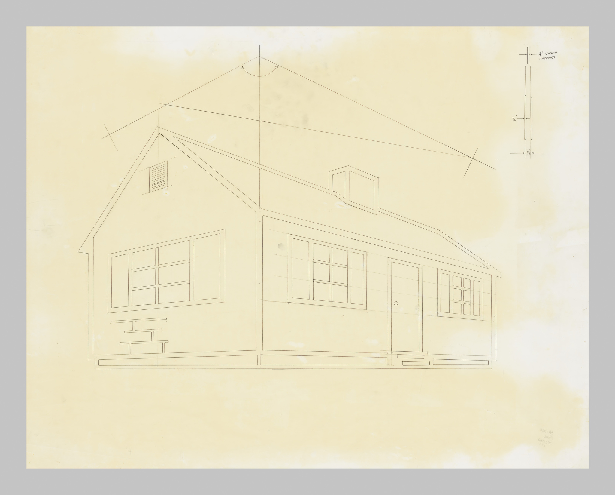 Simple line drawing of a small house with windows, a door, and a small roof vent.