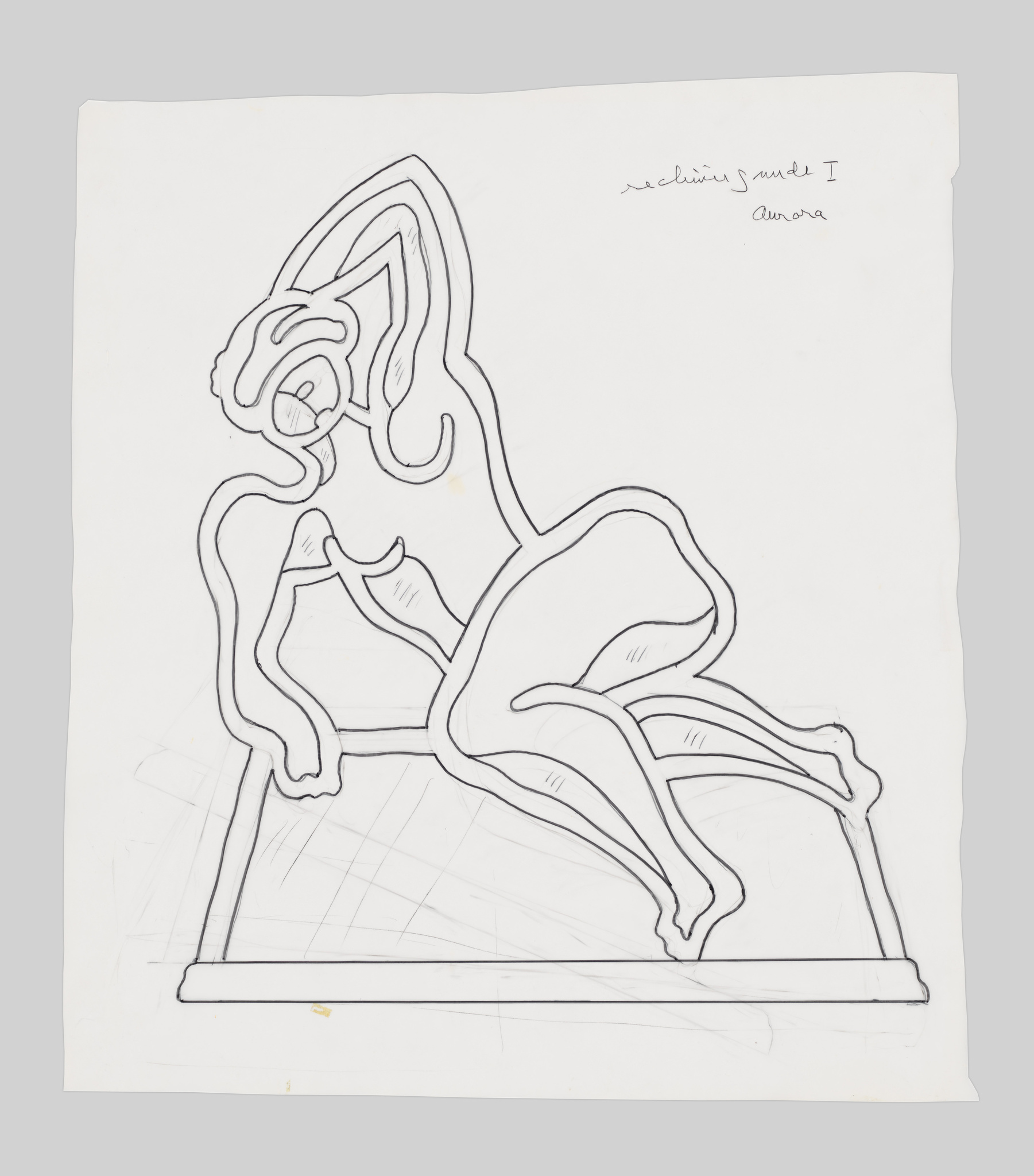 A simple line drawing of a reclining nude figure on a platform, with handwritten text reading “reclining nude I Aurora.”