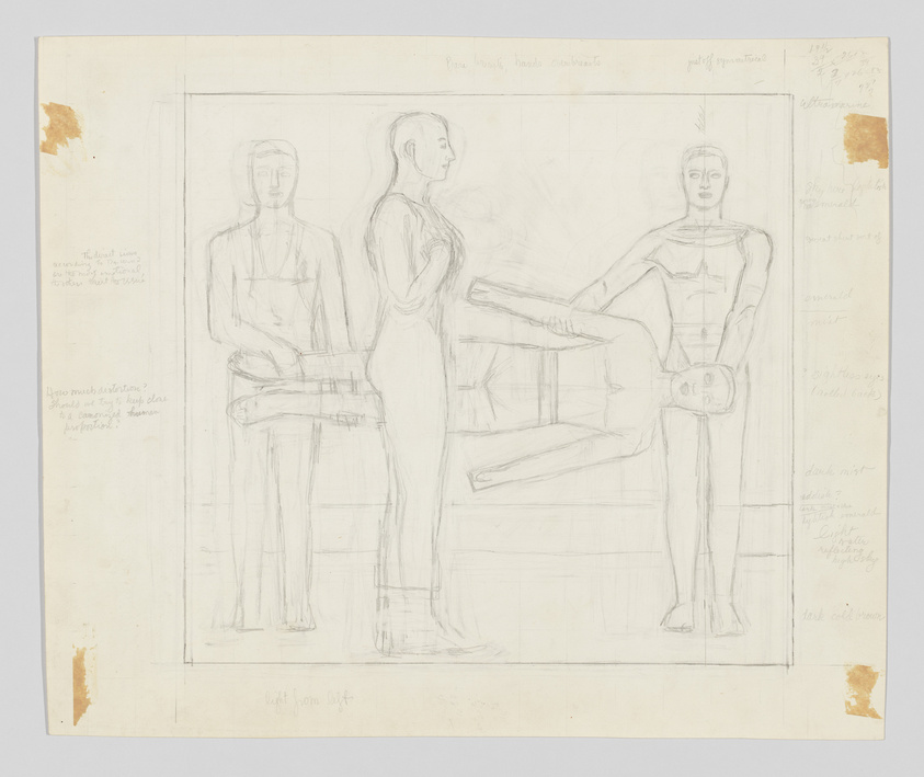 Pencil sketch of three standing figures, one holding a fourth horizontal figure. Notes and annotations are written around the drawing.
