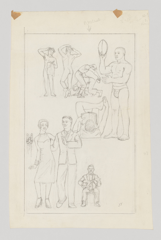 A sketch sheet featuring various pencil-drawn figures in different poses and activities. On the top left, a figure stands with one hand on the hip and the other behind the head. Next to it, a figure stretches with hands on the back of the head. On the top right, a muscular figure holds a rugby ball. Below, a group of figures appears to be engaged in a physical activity, possibly a sport. In the middle row, a woman and a man stand side by side, both dressed in formal attire, with the woman holding a three-candle wall sconce. To their right, a figure is bent over an object, possibly repairing it. At the bottom, a seated figure is focused on knitting. The paper has some annotations and is slightly worn at the edges.