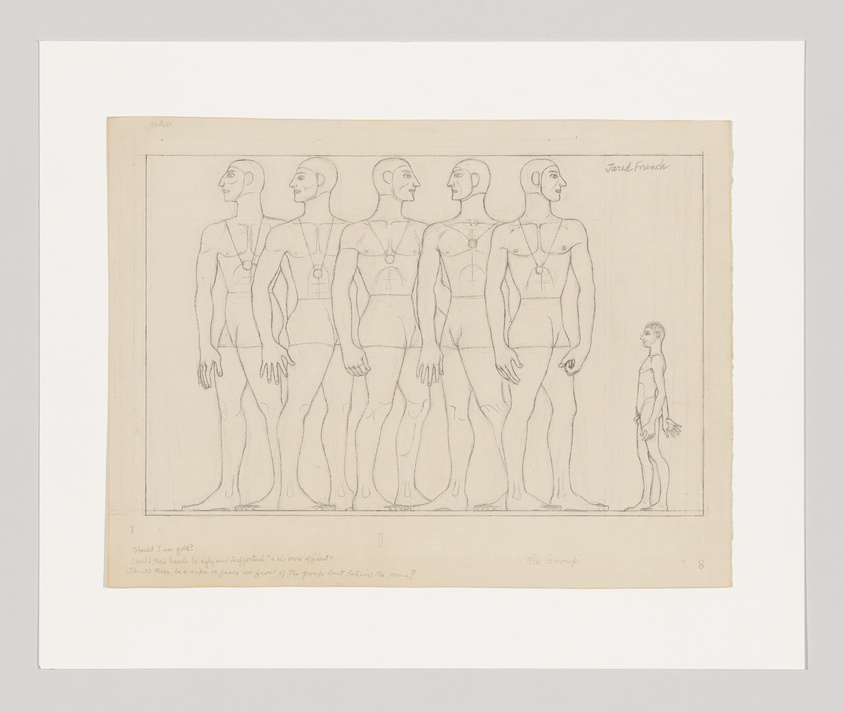 A drawing of five identical, muscular men standing in a row, with a smaller figure to the right holding a mask. Text is visible at the bottom.