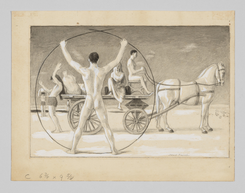 A drawing depicts a man standing inside a large circle, a horse-drawn cart with two seated figures, and two other people in the background.