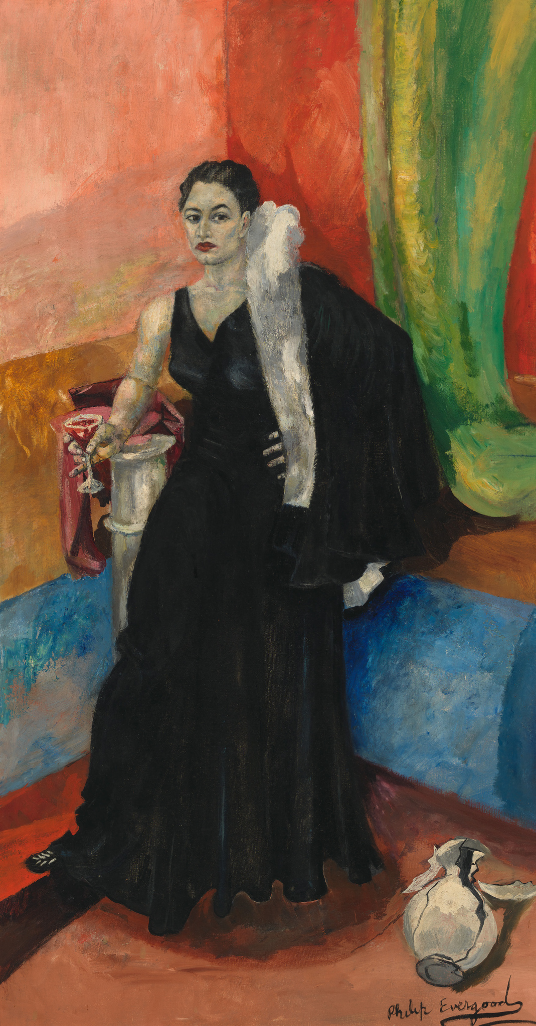 A painting depicting a woman seated in a black dress with a white fur draped over one shoulder. She holds a red fan in her right hand and rests her left hand on her thigh. The background features abstract blocks of red, green, and blue, and a broken white jug lies on the floor in the foreground. The artist's signature, "Philip Evergood," is visible at the bottom right.