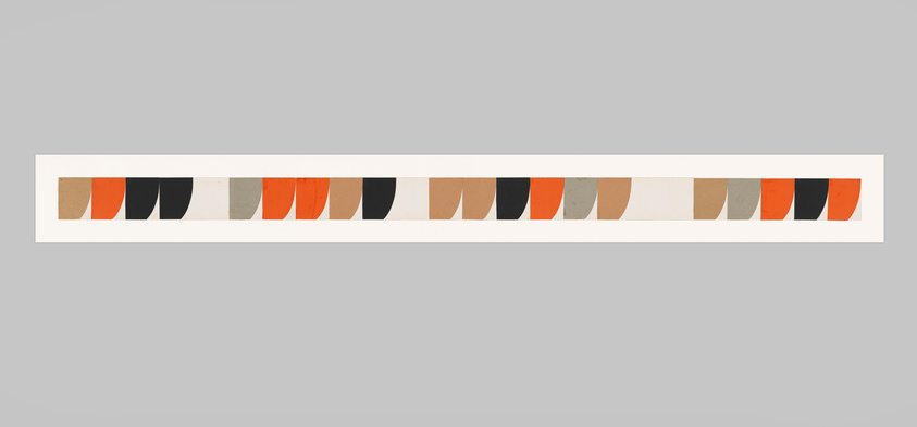 A panoramic abstract artwork featuring a series of colored semicircles in shades of black, orange, and gray on a white background.