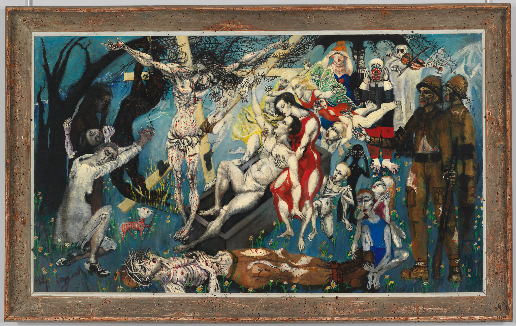 A vivid and chaotic painting featuring a multitude of figures, including a central crucified figure, surrounded by various characters in different states of distress or activity. The scene is set against a dark blue background with elements of nature and abstract forms. The painting is encased in a rustic, textured frame.