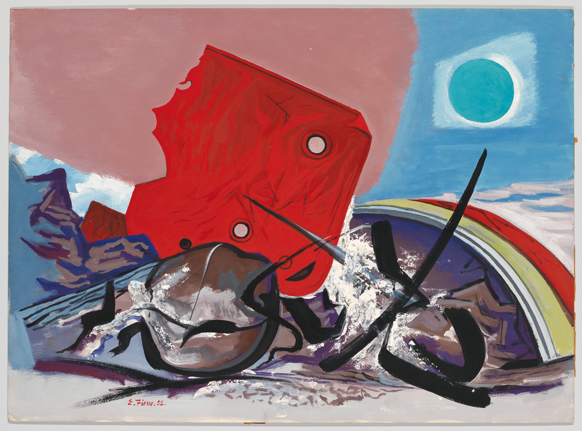 A vibrant abstract painting featuring a chaotic composition of bold colors and shapes. A large red form with circular holes dominates the upper left, while a moon-like circle hovers in a blue sky on the right. Below, a central translucent figure with black outlines intersects with various elements, including a rainbow arc and dynamic black strokes, against a backdrop of contrasting textures and hues.