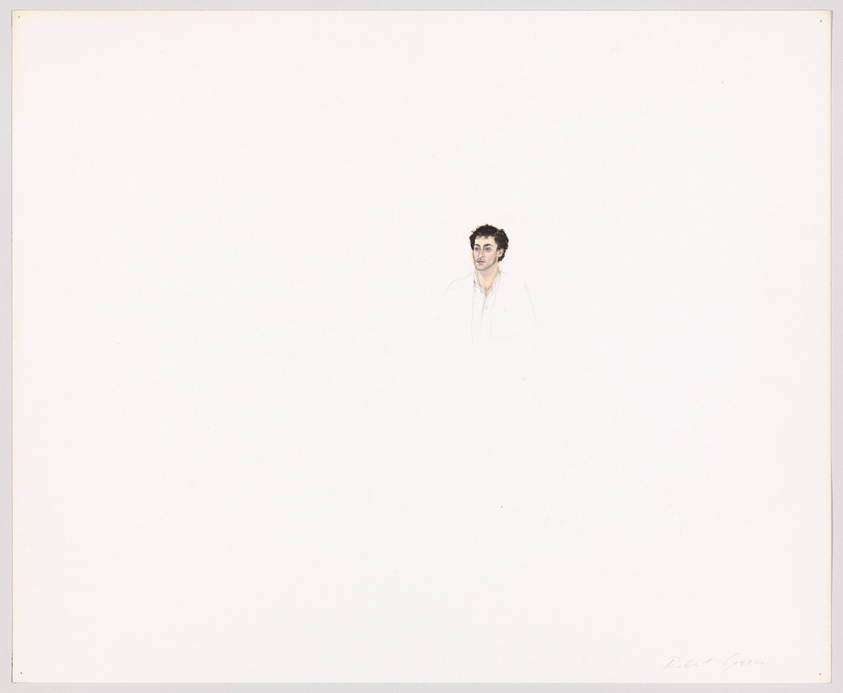 A minimalist drawing of a person's head and partial upper body centered on a large white canvas, with the rest of the figure sketched faintly in pencil. The person has dark hair and is wearing what appears to be a light-colored shirt. The artist's signature is visible in the bottom right corner.