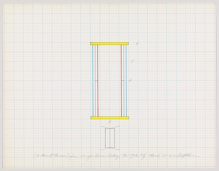 A hand-drawn conceptual art piece on graph paper featuring a vertical column with red and blue lines and a yellow top, connected to a dashed outline of a pedestal. Handwritten text at the bottom suggests the work's title, location, and artist's signature.