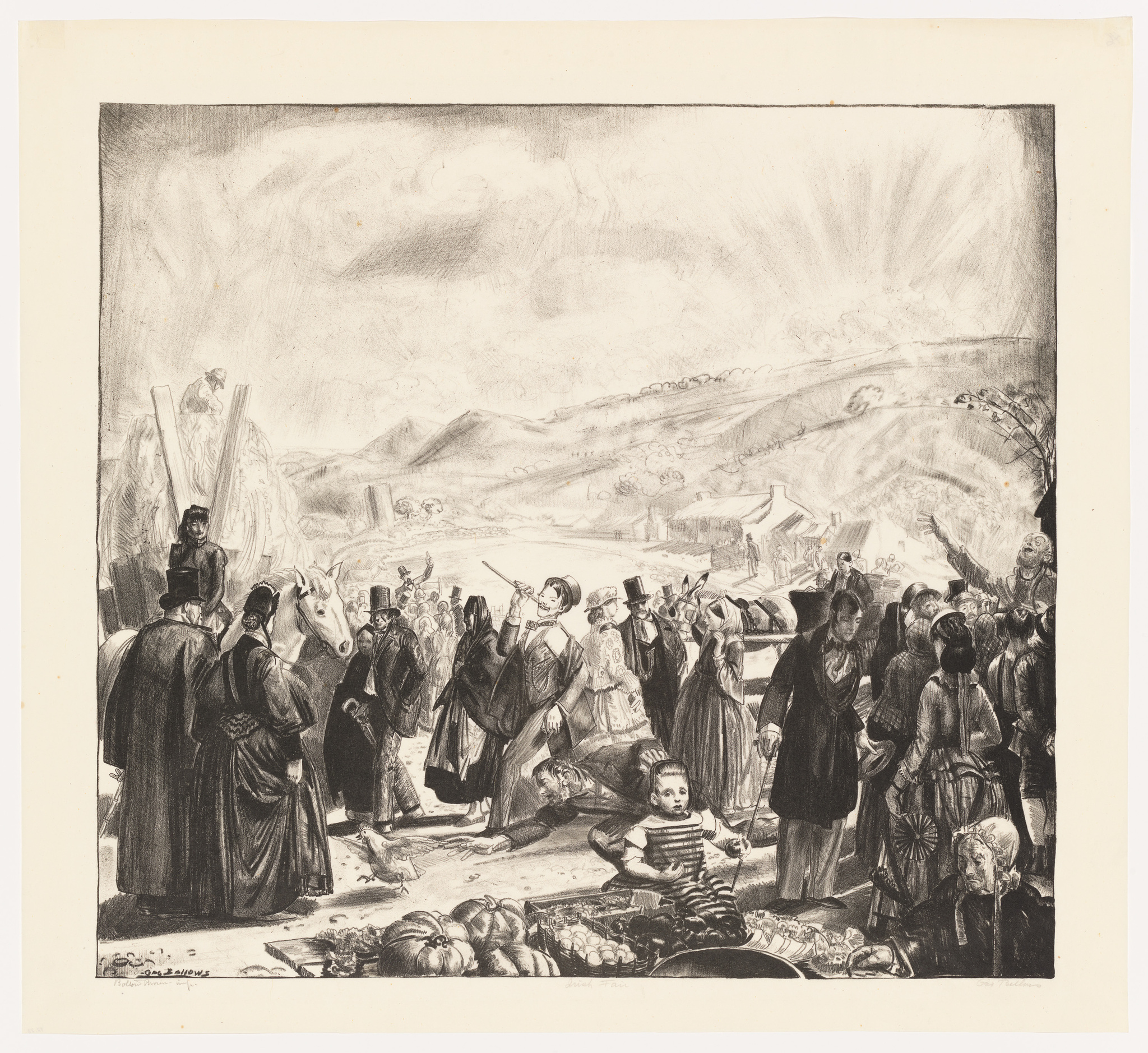 A black and white illustration depicting a bustling scene with numerous figures in period attire, possibly from the 19th century. In the foreground, there are people engaged in various activities, including a child sitting near an assortment of vegetables on the ground. In the background, a landscape with tents and rolling hills stretches under a sky with radiating clouds, suggesting a large gathering or event.