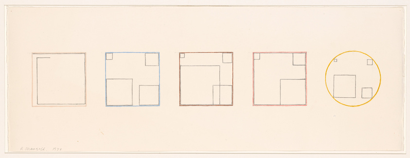 A series of five abstract drawings featuring geometric shapes on a beige background. From left to right: a simple square outline, a square with smaller squares and rectangles inside outlined in blue, a similar composition outlined in brown, another in red with a slightly different internal arrangement, and a circle containing squares and rectangles outlined in yellow. The artist's signature and the year 1974 are inscribed in the bottom left corner.