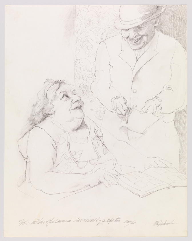 A pencil sketch depicts an elderly woman seated at a table looking up at a standing man who is smiling and holding a pen over a book. The man is wearing a hat and a coat, and the woman is wearing a dress with a floral pattern. There is a decorative floral pattern in the background on the left side. Handwritten text at the bottom of the image appears to be a signature and possibly a title or description.