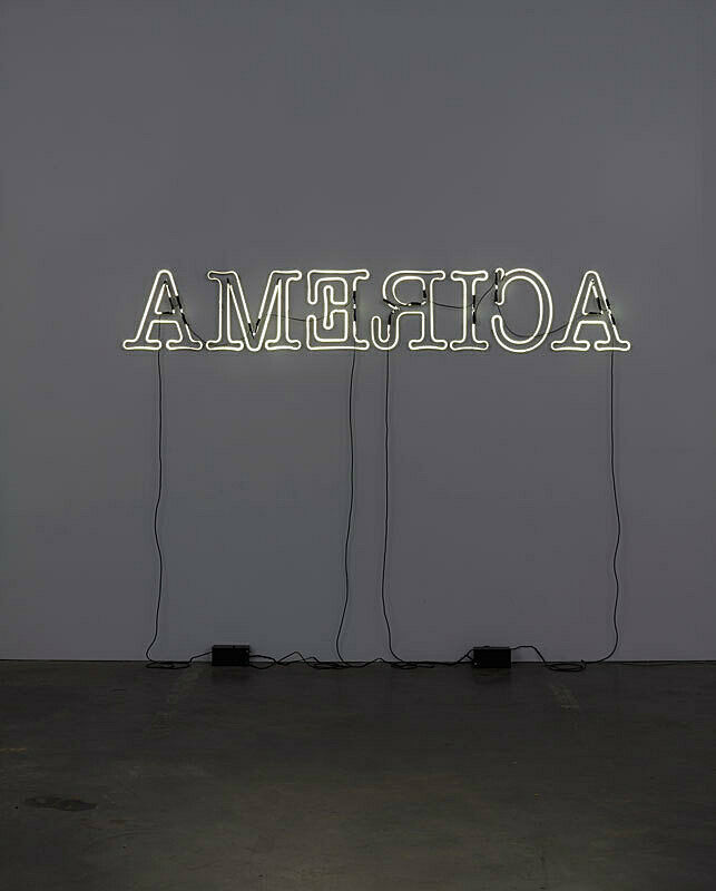 Neon artwork with the words America backwards.