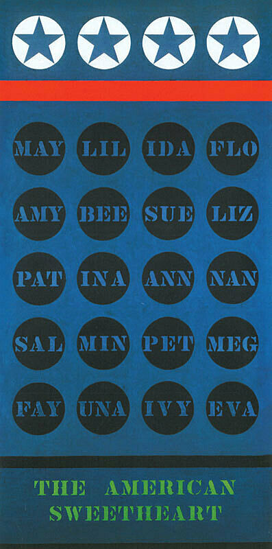 A blue rectangle, with stars in white circles, a red stripe, a bunch of black circles with three letters in each, and below the text The American Sweetheart.