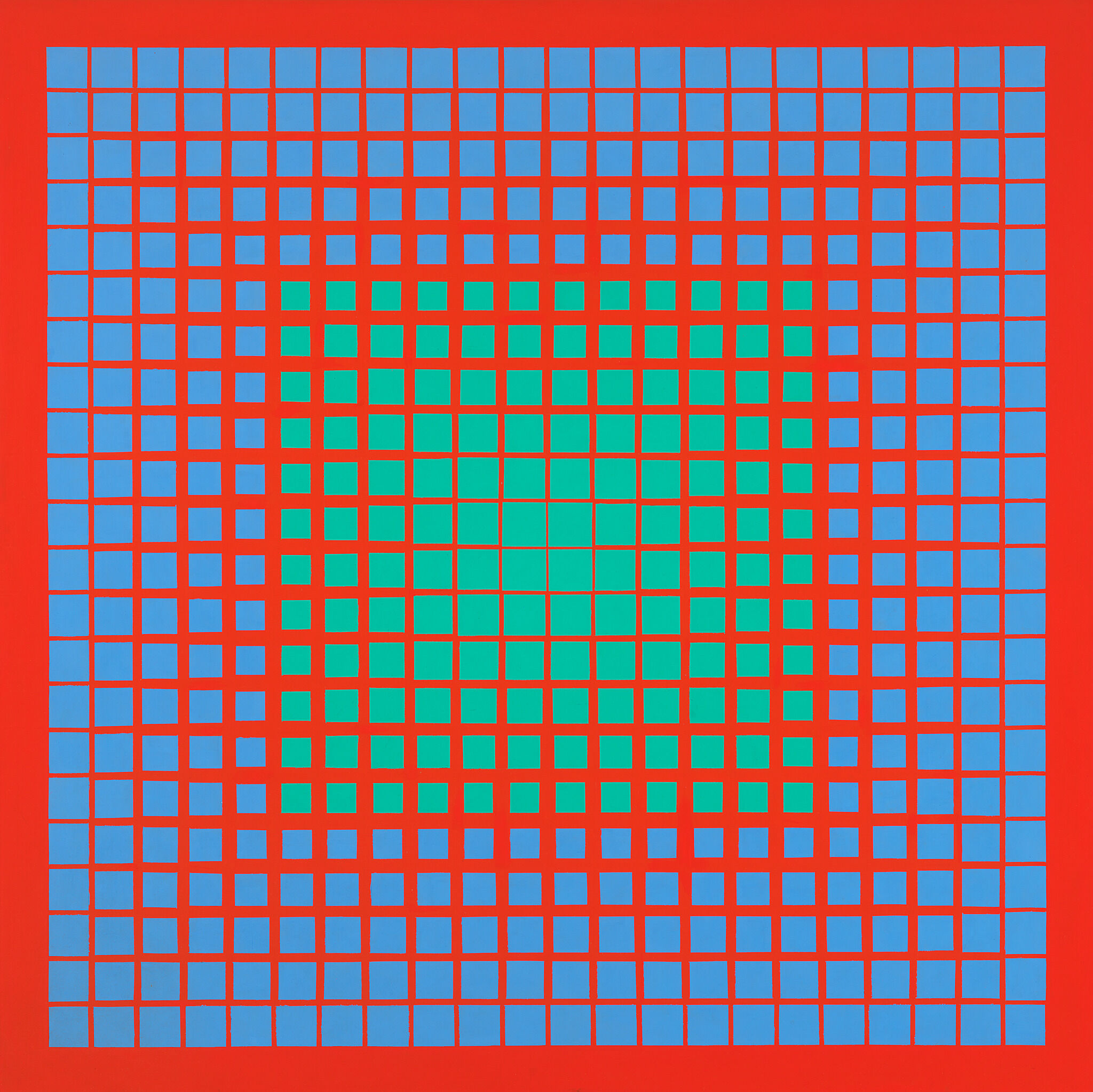 An abstract painting with a bright red background and pattern of green and blue squares